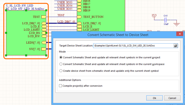 Specify details of the conversion in the Convert Schematic Sheet to Device Sheet dialog.