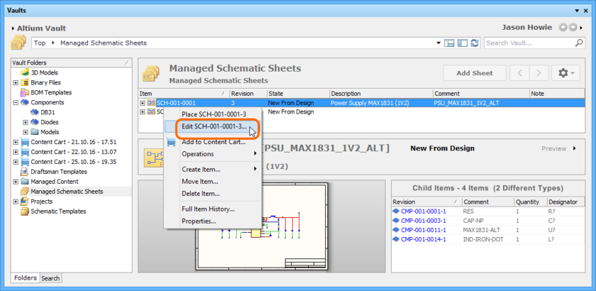 Accessing the command to launch direct editing of an existing revision of a Managed Schematic Sheet Item.