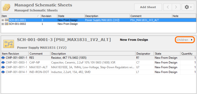 Browse the constituent components on the managed sheet, through the Children aspect view.