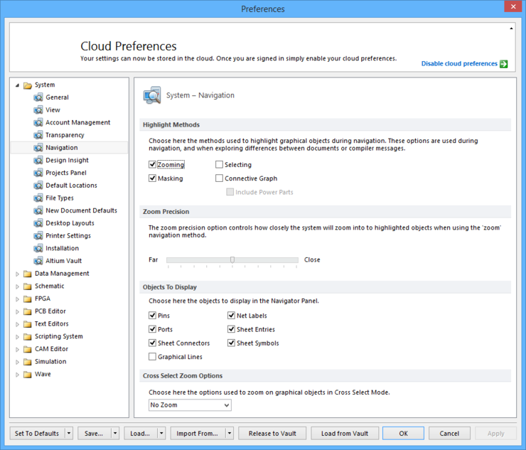 The System - Navigation page of the Preferences dialog