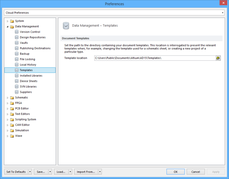 The Data Management - Templates page of the Preferences dialog