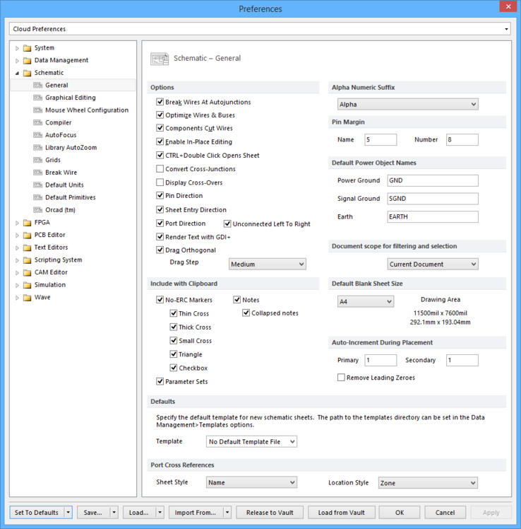 The Schematic - General page of the Preferences dialog.