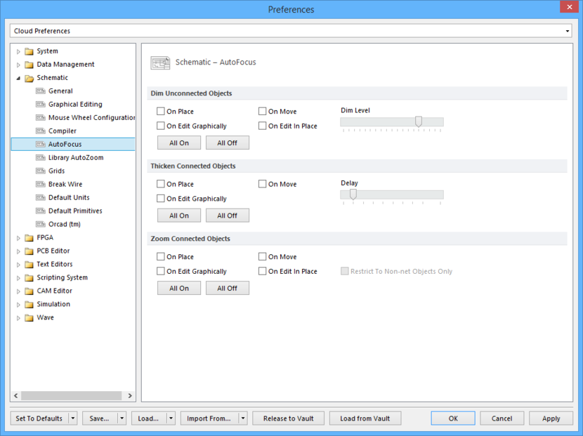 The Schematic - AutoFocus page of the Preferences dialog.