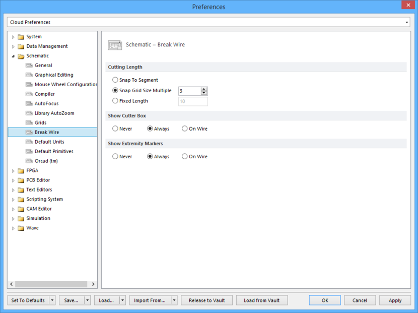 The Schematic - Break Wire page of the Preferences dialog.