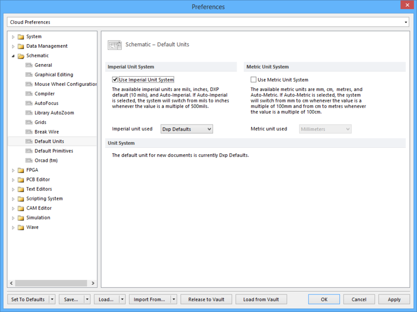 The Schematic - Default Units page of the Preferences dialog.