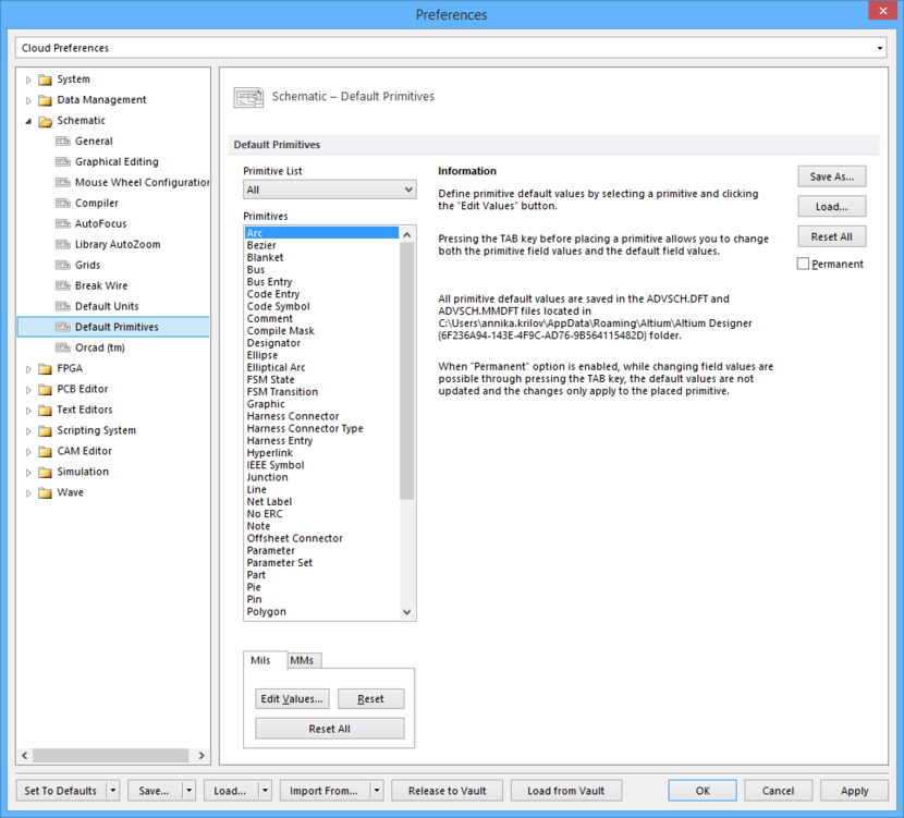 The Schematic - Default Primitives page of the Preferences dialog.