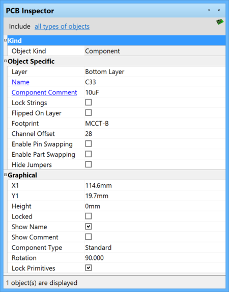 Select PCB objects to populate the PCB Inspector panel with objects to be viewed or edited.