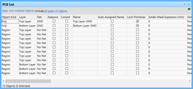The PCB List panel. Use the scroll bar or extend the edges of the panel window to view all listed information.