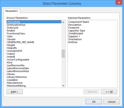 Use the Select Parameter Columns dialog to add or remove parameters from the Libraries panel.