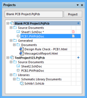 Two projects open in the Projects panel with one PCB selected and open in the editor.