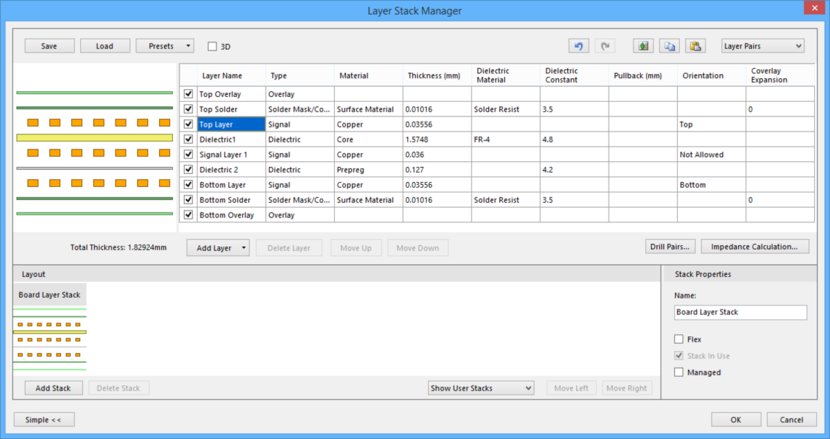The Layer Stack Manager dialog.