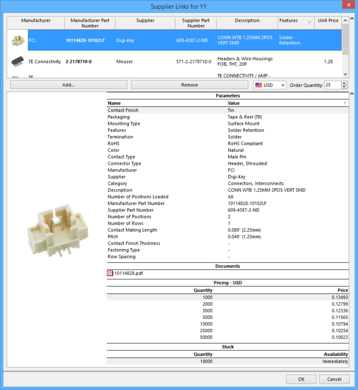 The Supplier Links dialog allows you to view manufacturer information.