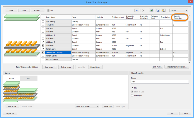Add the coverlay layers into the required stack and configure the layer properties in the Layer Stack Manager.