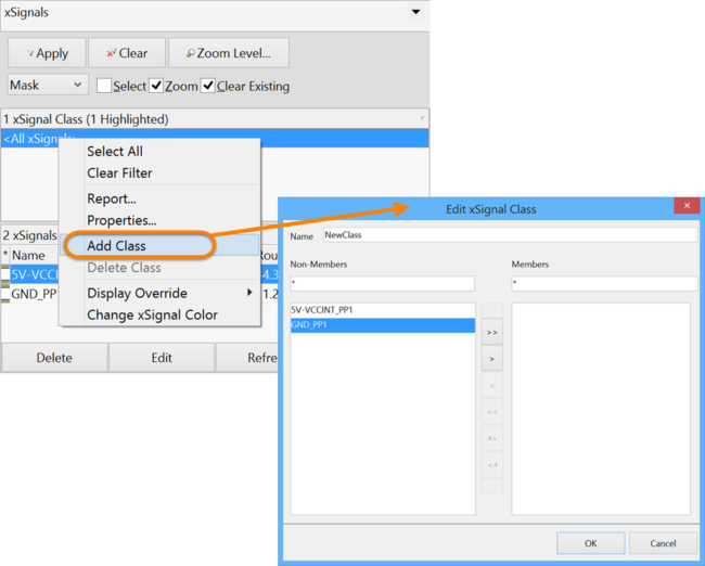 Create or add to an xSignal class by adding/removing xSignal members via the Edit xSignal Class dialog.