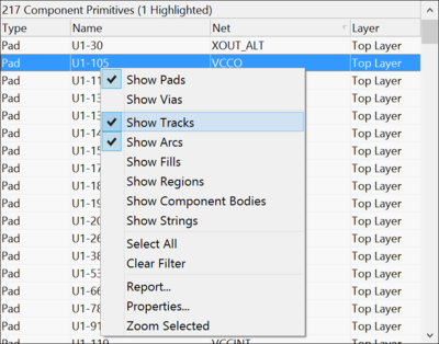 Right-click on a component or component primitive entry to select what items are included.