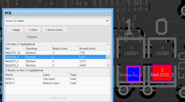 Selecting a net lists its nodes in the PCB panel and displays them (as pads) in the main editor workspace.