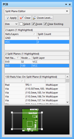 The Split Plane Editor mode of the PCB panel.