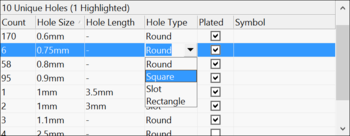 Changing the hole type (from round to square) for the selected group of six matching hole styles.