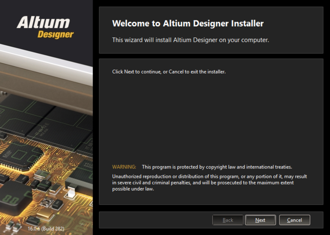 Initial welcome page for the Altium Designer Installer.
