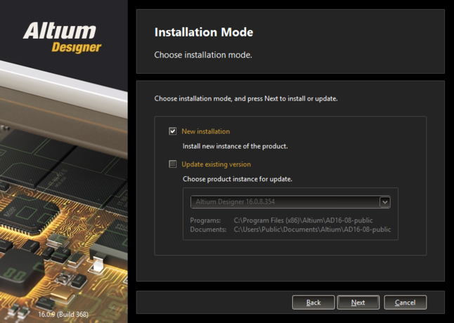 If you already have a previous installation of Altium Designer within the same version stream, you can choose to update that version.

Or, simply install as a separate unique instance.