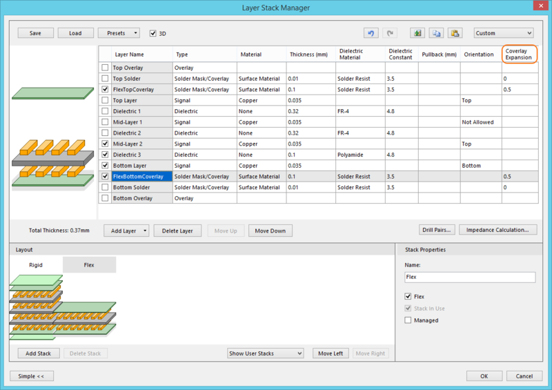 Add the coverlay layers into the required stack and configure the layer properties in the Layer Stack Manager dialog.