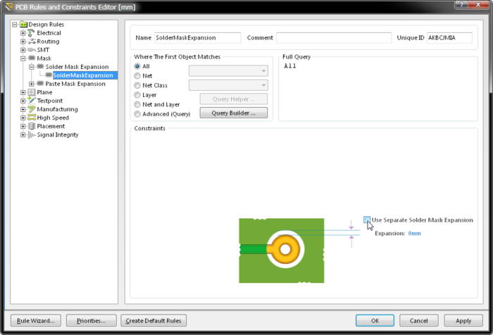 The Rules and Constraints Editor now offers enhanced solder expansion settings for pad and vias.