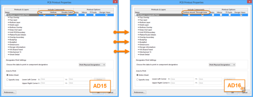 A comparison of the changes to the PCB Printout Properties dialog from Altium Designer 15 (left) to Altium Designer 16 (right).