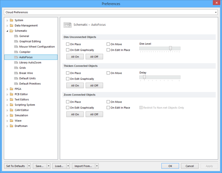 The Schematic - AutoFocus page of the Preferences dialog.