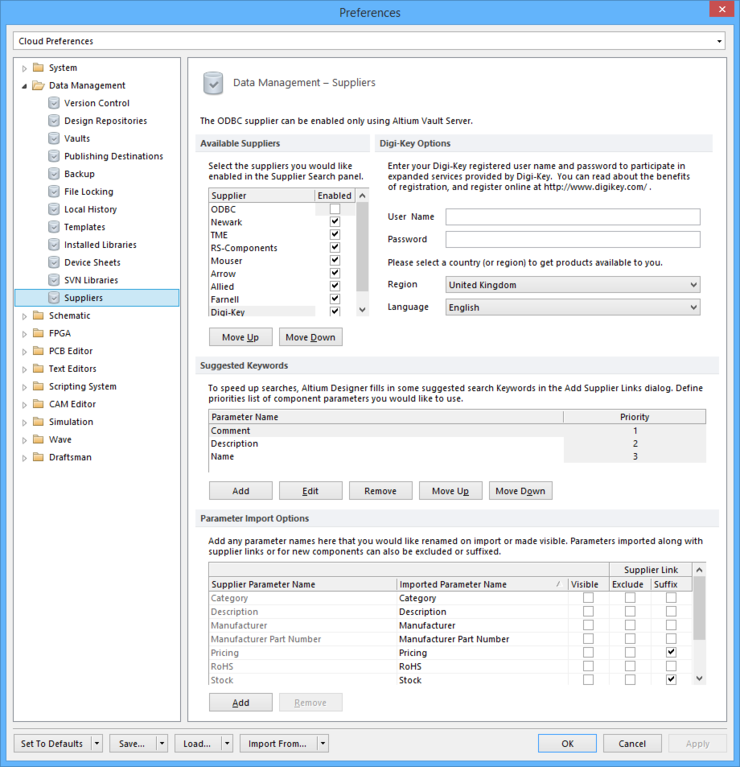 The Data Management - Suppliers page of the Preferences dialog.