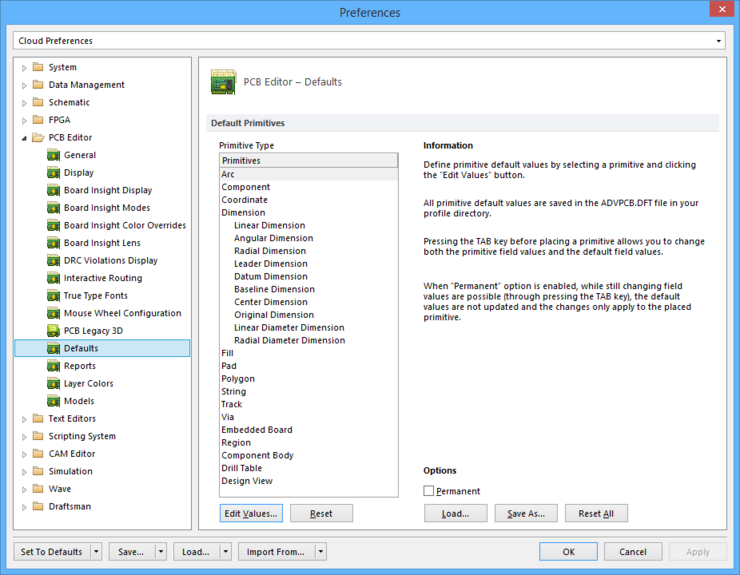 The PCB Editor - Default page of the Preferences dialog.