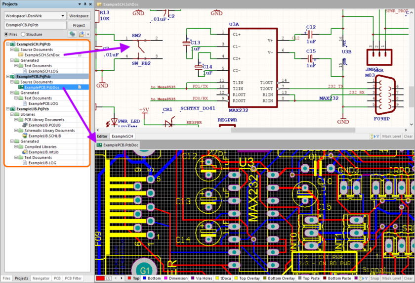 Resulting Altium Designer PCB projects, with opened schematic and PCB documents, after importing EAGLE .pcb and .sch design files.