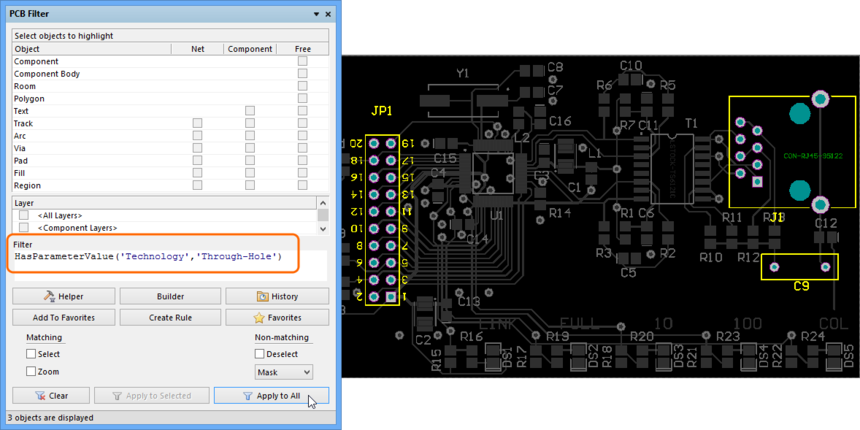 Filter queries can use PCB parameters to highlight and select specific user-defined attributes.