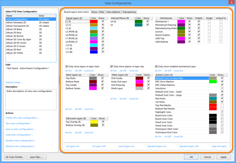 The Board Layers and Colors tab of the View Configurations dialog.
