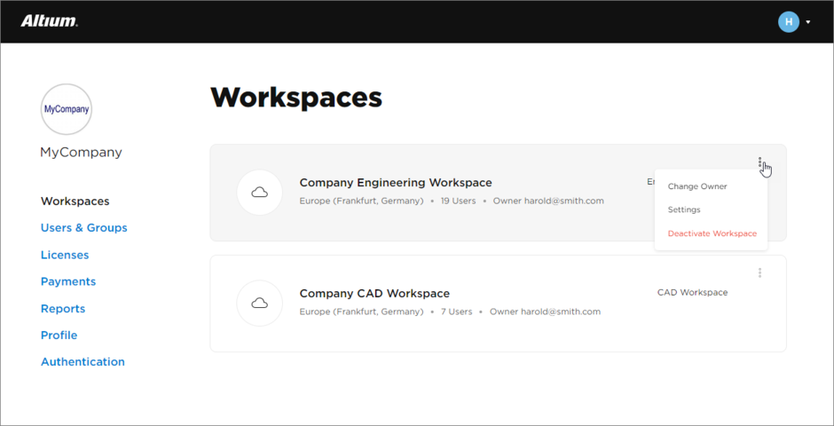 Access a tiled listing of the Workspaces associated with your company's Altium account – typically a single Workspace entry only.