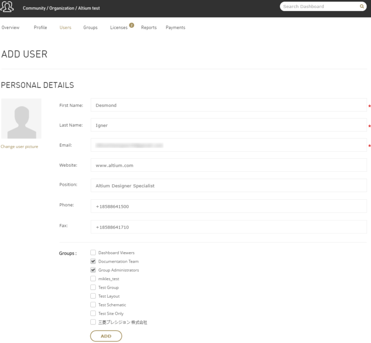 Fill out personal details for the user and assign to one or more additional existing groups as required.