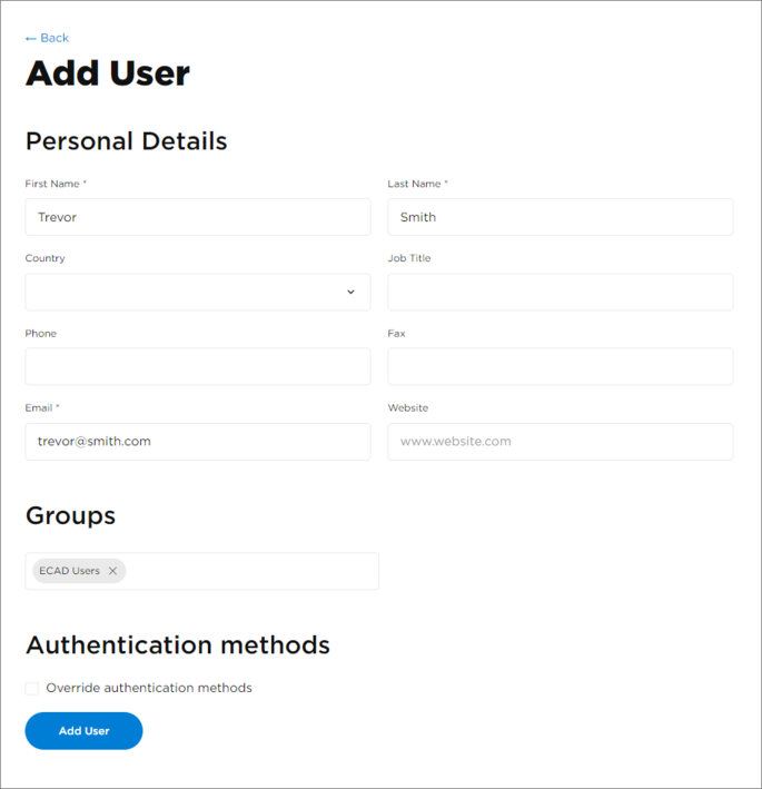 Enter a new user's details and options in the Add User page. This information is synchronized to the user's My Profile page details.