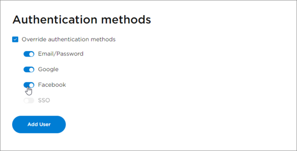 The Authentication settings override the default configuration defined in the Dashboard Authentication page.