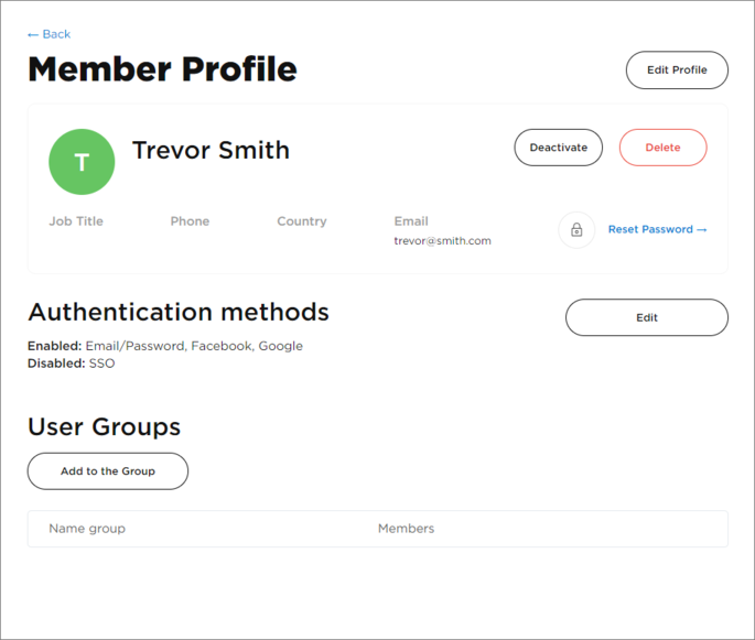 A user's Member Profile allows management of an existing user's account.