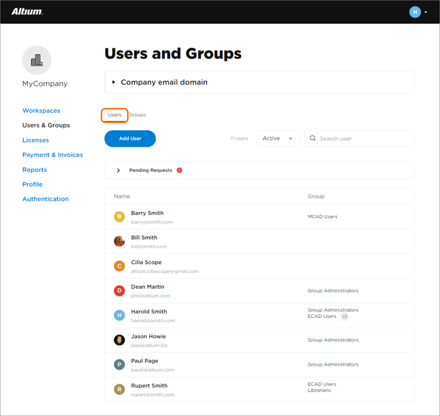The Account Users and Groups page is accessed directly from the Altium Dashboard's Users or Groups menu options.