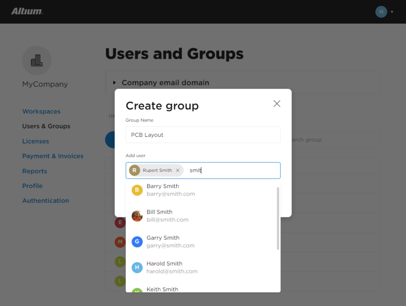 Groups are populated by adding users who have registered with AltiumLive.