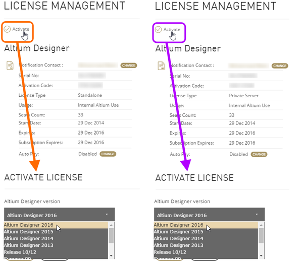 Выберите, для какой версии Altium Designer необходимо активировать лицензию Standalone (слева) или Private Server (справа).