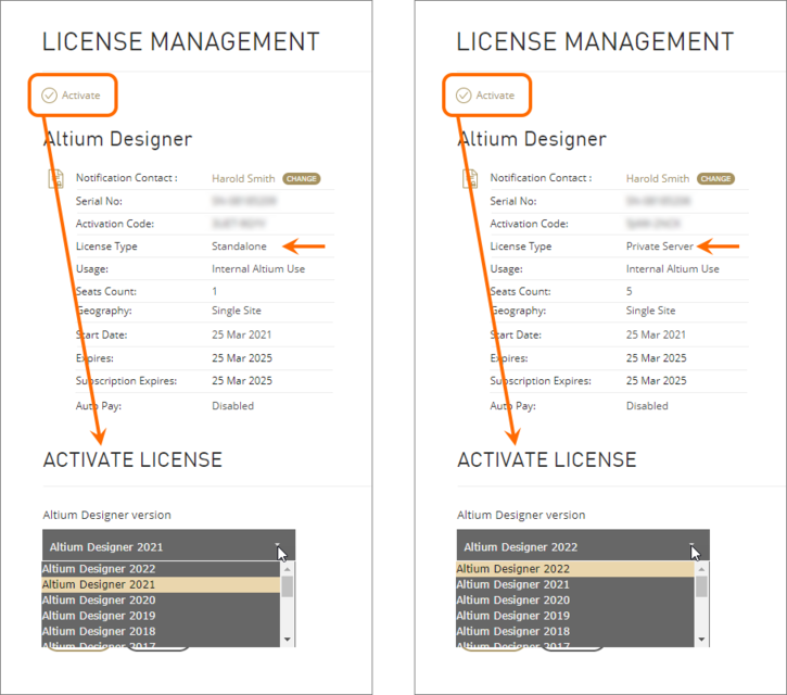 Choose which release of Altium NEXUS to activate the Standalone License (left) or Private Server License (right) for.
