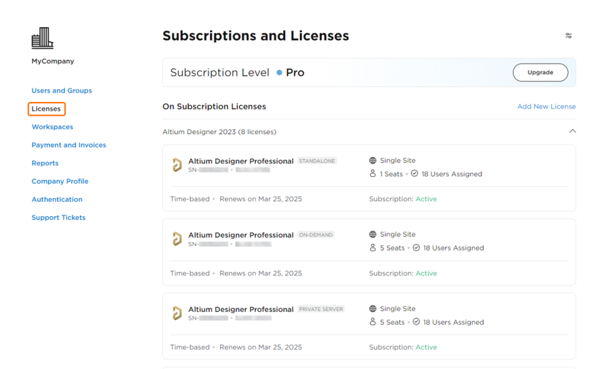 The main page for managing licenses within the Dashboard.