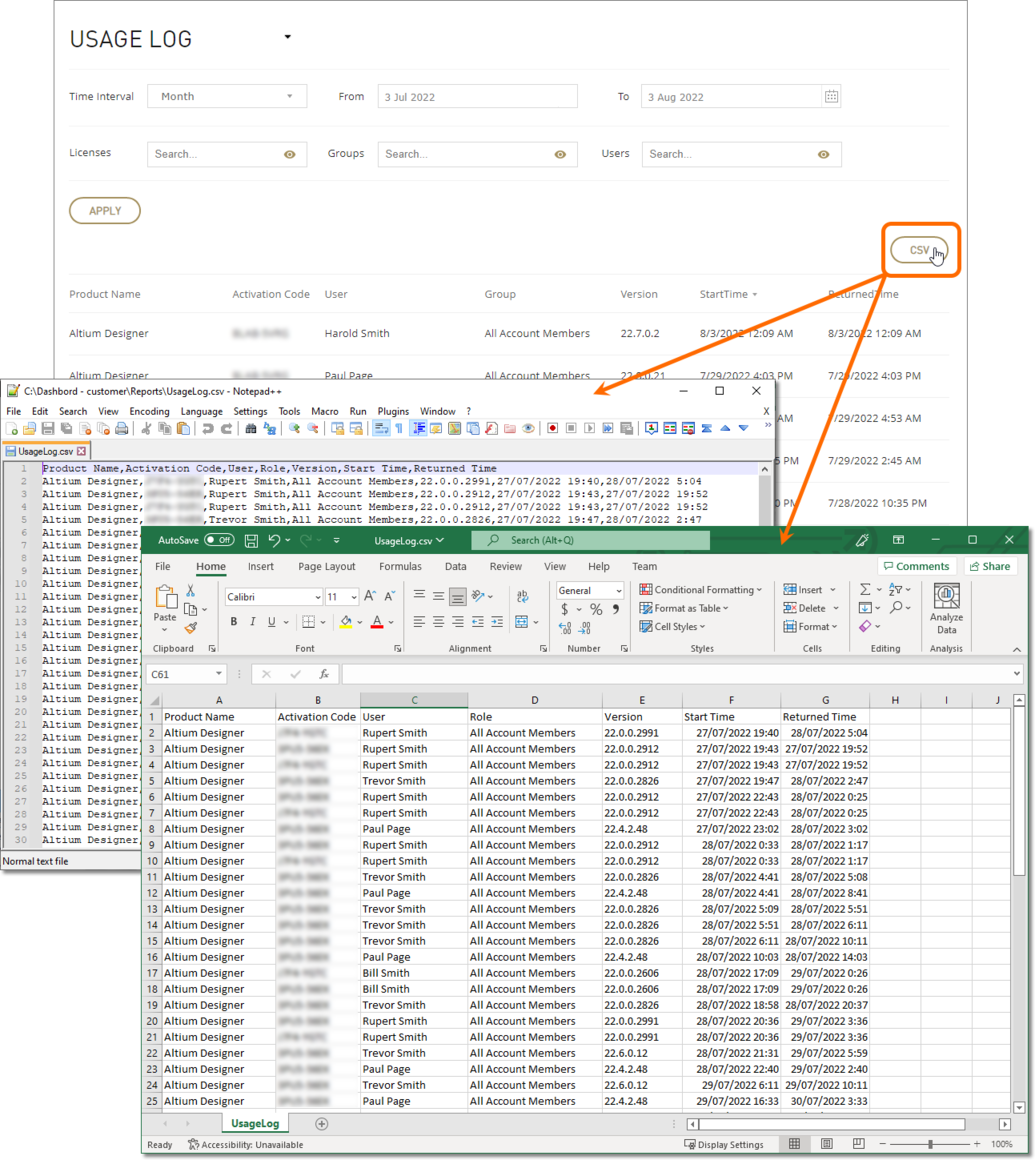 Example Usage Log exported into CSV format (the generated file has been extracted from the downloaded zip file and opened in both Notepad++ and Microsoft Excel.
