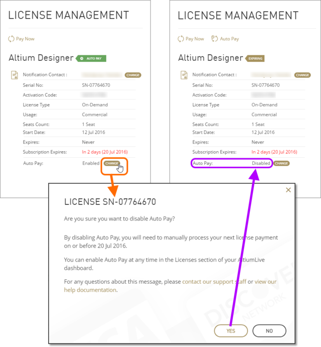 Disable subscription auto pay from the detailed management view for the license.