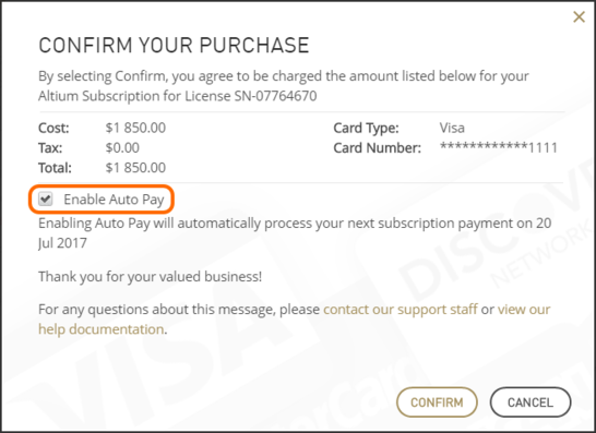 在一次性许可订购支付时启用自动支付。