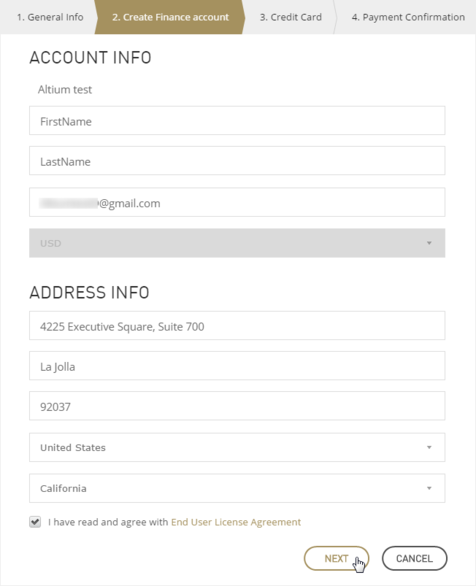 Мастер Altium Online Payments – страница Create Finance Account (Создание финансового аккаунта).