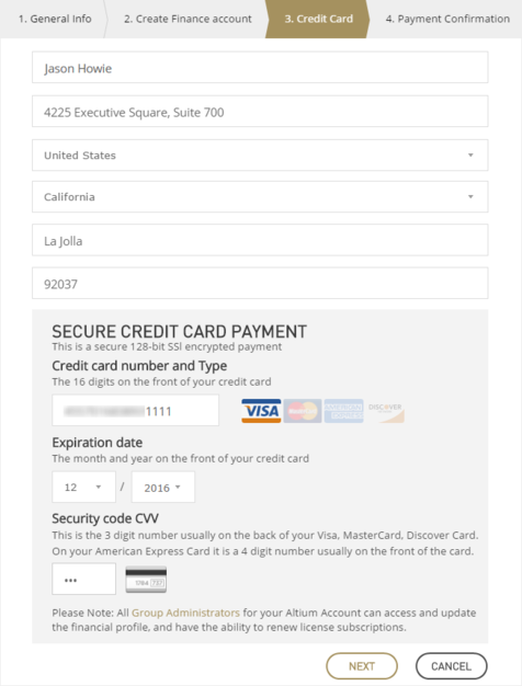 Altium Online Payments wizard - Credit Card page. Altium在线支付向导—信用卡页面。