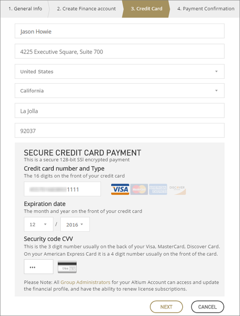 Altium Online Payments wizard – Credit Card page.