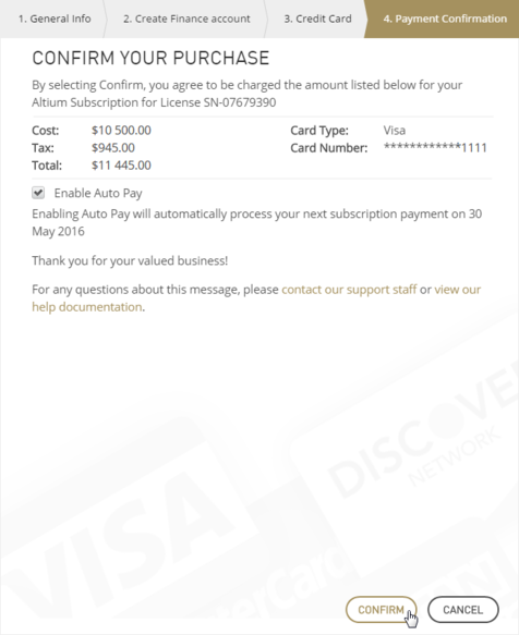 Altium Online Payments wizard - Payment Confirmation page.